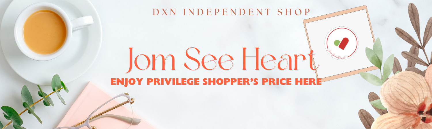 Promotional banner for a DXN independent shop with a cup of tea, notebook, and flowers.